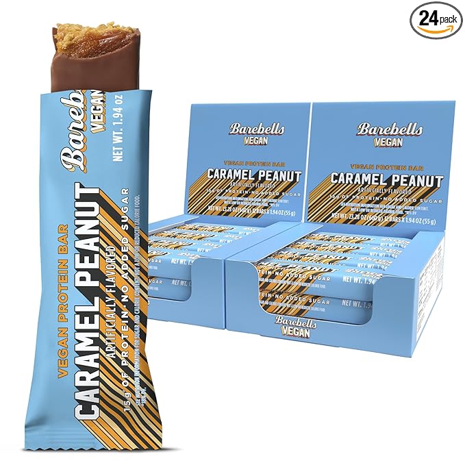 Barebells Plant Based Protein Bars, Peanut Caramel – 24 bars (2 Packs of 12) - 15g of Plant-Based High Protein Treats – Vegan Chocolate Nutrition Bar with 1g Total Sugar - On The Go Breakfast or Post-Workout Snack