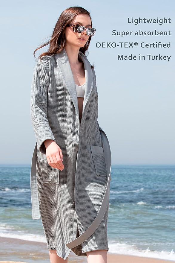 SEYANTE Women’s Luxury Waffle Shawl Collar, Hooded Robe w Piping – Lightweight, Long, Ultra Soft Spa Sleepwear Bathrobe