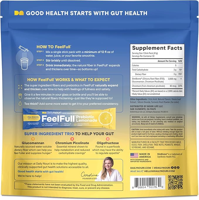 Daily Nouri FeelFull Prebiotic Fiber Drink Mix | Supports Natural Fullness, Appetite & Cravings Control, Gut & Metabolic Health | Oligofructose, Glucomannan & Chromium | 30 Stick Packs