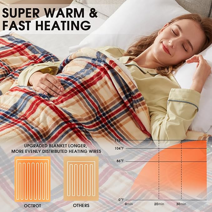 Heated Blanket Electric Full Size,72X84 Heating Blanket,Brown Plaid Soft Sherpa Blankets Warmer Gift for Grandma Women Adult,Fast Heating Washable,ETL