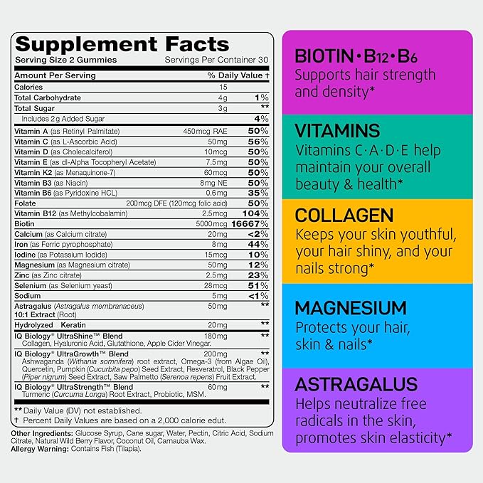Hair Skin and Nails Gummies with Biotin Collagen Keratin Astragalus - Hair Growth Supplement & Hair Vitamins for Hair Loss for Women & Men, Hair Skin and Nails Multivitamin B7 Gummies, 60 Gummy Bears