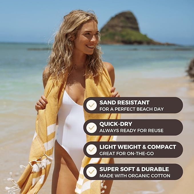 FESHKA Sand Proof Turkish Beach Towel – Oversized, Quick Dry & Lightweight Travel Towel - 100% Organic Cotton Beach Blanket - Perfect for Bath, Pool & Picnic | Honey Drop (Yellow)