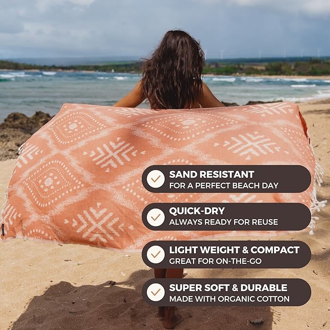 FESHKA Sand Proof Turkish Beach Towel – Oversized, Quick Dry & Lightweight Travel Towel - 100% Organic Cotton Beach Blanket - Perfect for Bath, Pool & Picnic | Damask (Rust/Beige)