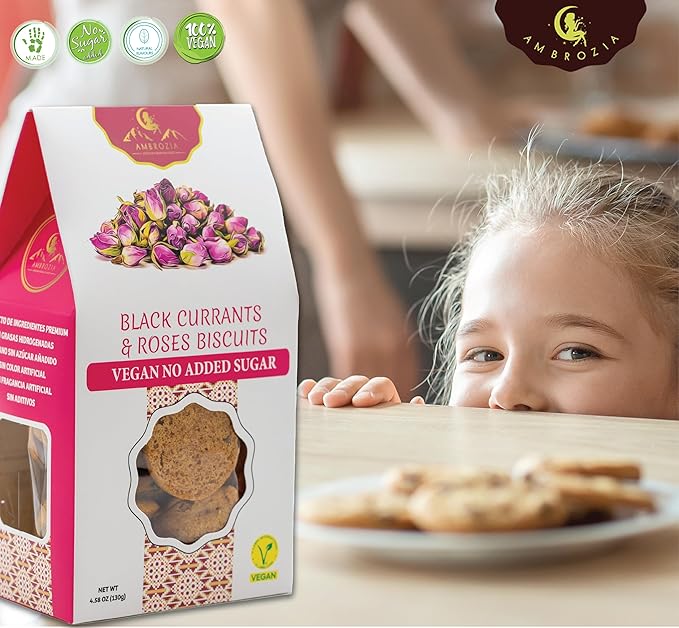 Ambrozia Vegan Snack Biscuits – Chocolate & Sour Cherry - Soft Baked, No Added Sugar, Clean Label, High Fiber & Wholesome Ingredients, Kid-Friendly, Healthy Snacks for Active Lifestyles, 4 x 4.58 Oz