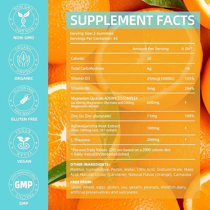 Magnesium Glycinate Gummies 400 mg - Sugar Free Magnesium Supplement for Adults with Glycinate & Malate, L-Theanine, Ashwagandha, Zinc, Vitamin B6 & D3, Supports Relaxation & Sleep Orange Flavor