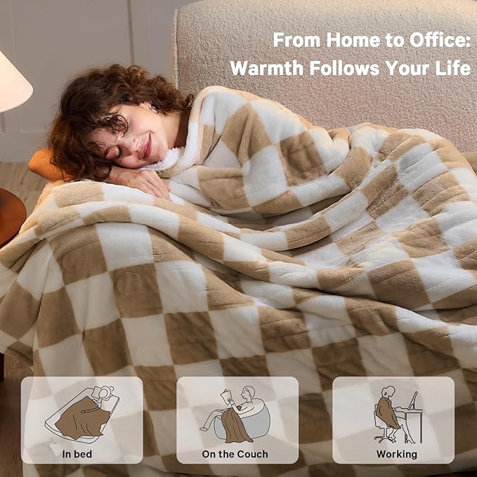 Light Brown Heated Blanket Electric Twin Size, 62X84 Heating Blanket with 10 Heat Level & 8 Hours Auto Off, Checkered Plaid Soft Fleece Sherpa Blankets Warmer Gifts for Couch Grandma Women Adults, ETL