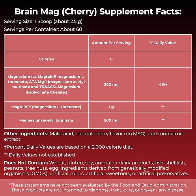Brain Mag Magtein Magnesium L-threonate | Supports Brain Health w/Magnesium Glycinate 60 Servings (Cherry)