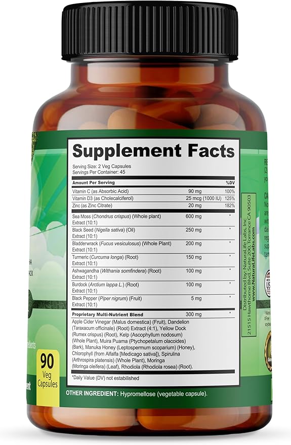 Sea Moss, Black Seed Oil, Bladderwrack, Turmeric, Ashwagandha, Burdock, Vitamin C, D3, Yellow Dock Root, Manuka, Dandelion - 90 Veggie caps