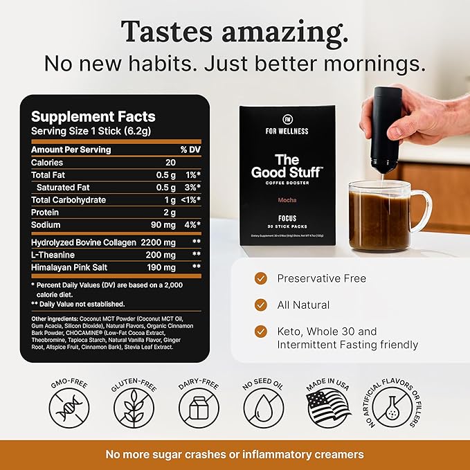 For Wellness The Good Stuff Focus – Mocha Coffee Booster | Nootropic Collagen Creamer with MCTs for Focus, Energy & Wellness | Non-Dairy, Keto-Friendly, 30 Servings