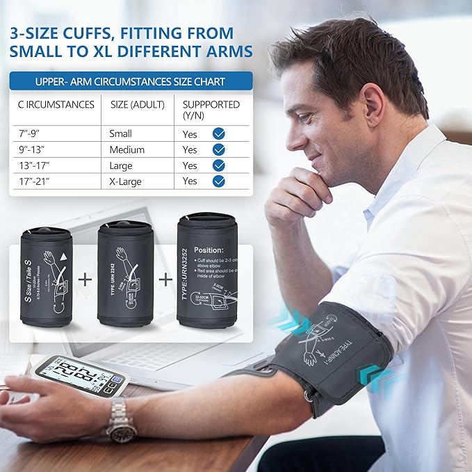 Blood Pressure Machine Upper Arm, 3 Size Cuffs, Small 7"-9", Medium/Large 9"-17" and Extra Large XL Cuff 13"-21", Accurate Automatic Digital BP Cuff Home Use, Large Backlit BP Monitor 3-User 1500 Mem