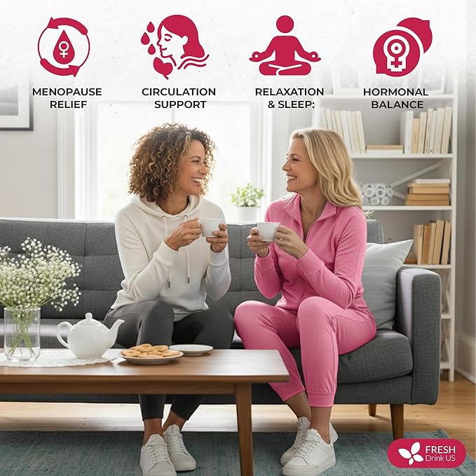 FreshDrinkUS, 40 Tea Bags - Menopause Support Herbal Tea โ Soothing Blend with Rhubarb, Hibiscus, Valerian, Passiflora, Ashwagandha, Fennel & Chamomile, Caffeine-Free, Vegan, Non-GMO