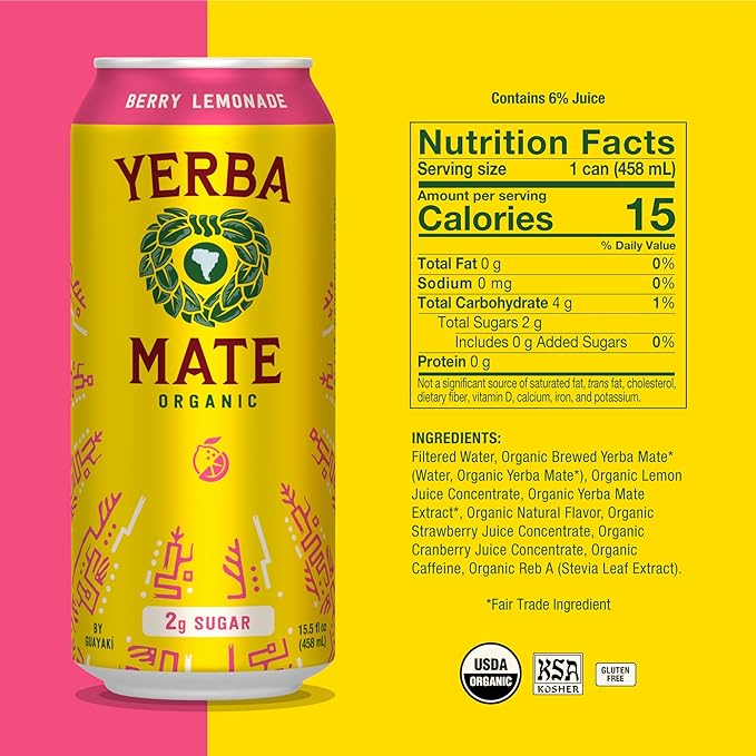 Yerba Madre Organic Yerba Mate, Energy Drink Alternative, Berry Lemonade, Low Sugar, 150mg Natural Caffeine, Better for You Energy & Focus, No Jitters or Crash, 15.5 Oz (Pack of 12) (Packaging May Vary)