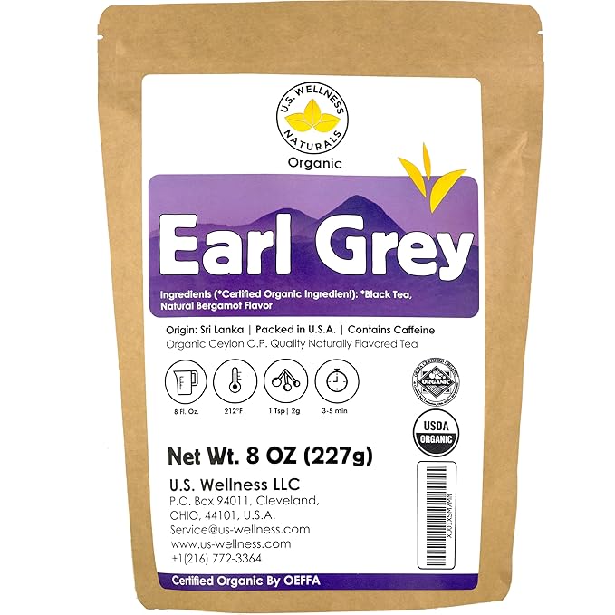 Earl Grey Tea, FLORAL & CITRUSY, Natural Bergamot Flavor Blended with ORGANIC Loose Leaf Tea, 110+ Cups, 8oz, ORGANIC CEYLON, OP Grade Tea, U.S.A Processed & Quality Control