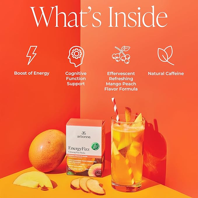 Arbonne Ginseng Energy Supplements - Peach Mango Flavor Fizz Sticks, Energy Boost with Caffeine Powder from Guarana and Green Tea, Delicious Alternative to Caffeine Pills