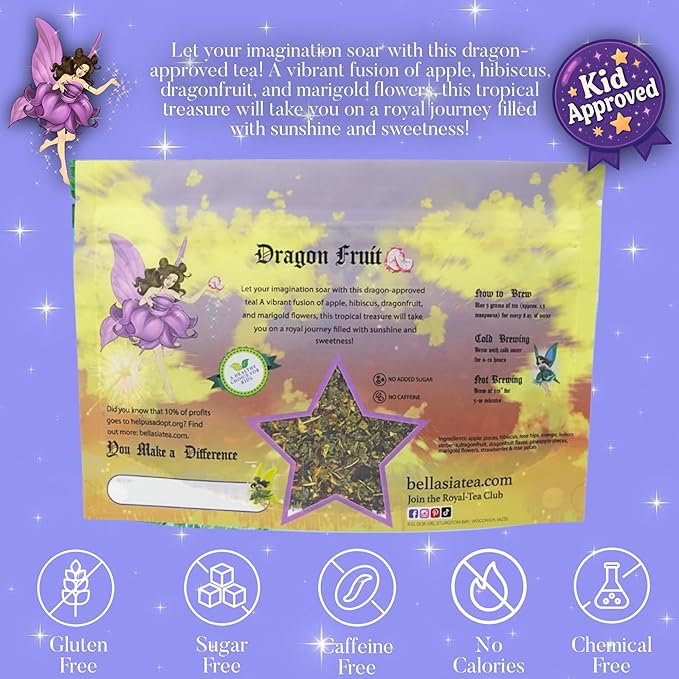 Bellasia Tea Dragon Fruit for Kids Using Real Fruit Pieces - Caffeine Free Herbal Tea Blend with Real Ingredients & Balanced Flavor- Add Loose Leaf Tea to Your Child’s Routine for A Fun & Tasty Drink