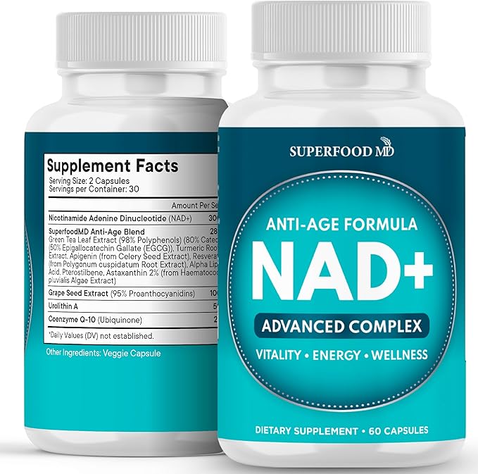 NAD+ Supplement - Liposomal + Resveratrol for Women & Men, Astaxanthin, CoQ10, Alpha Lipoic Acid, Green Tea, Urolithin - 60 Capsules