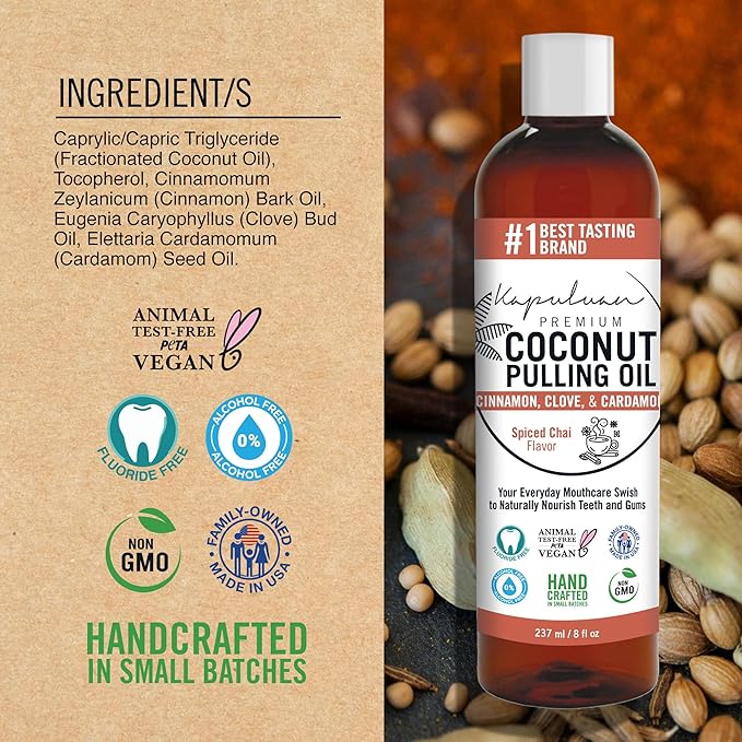 Kapuluan Coconut Oil Pulling for Teeth and Gums Mouthwash, 100% Pure and Natural, Non-GMO, Ayurvedic โ Refreshing Spiced Chai Essential Oils