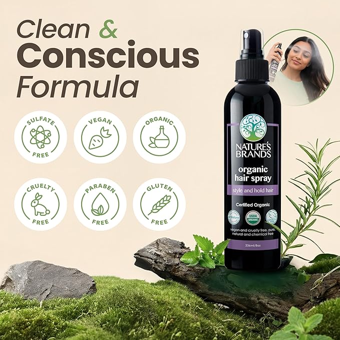 Hair Spray 8 Oz Bottle – USDA Organic Certified, Paraben-Free, Cruelty-Free and Vegan - With Natural Botanical Extracts - For All Hair Types by Nature's Brands is Made In USA.