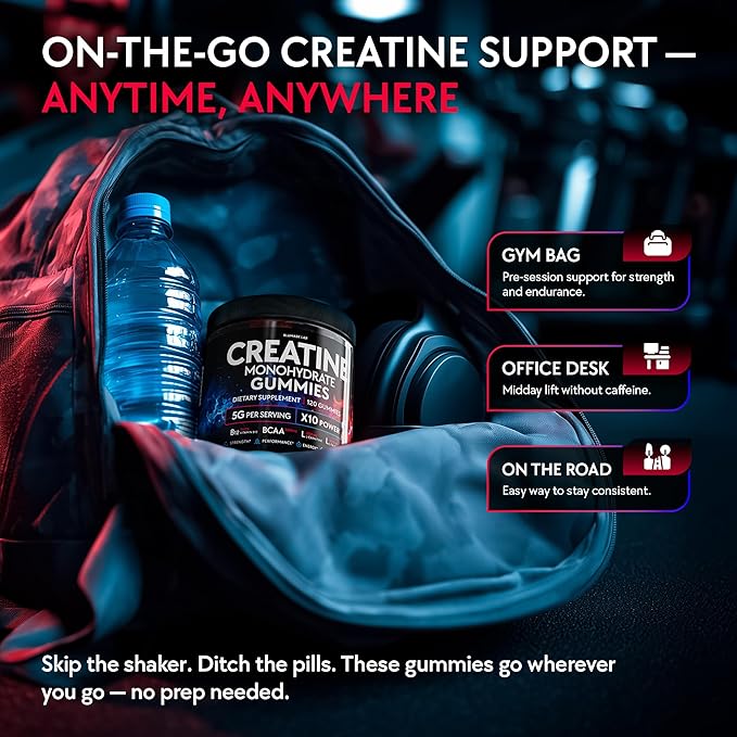 Creatine Monohydrate Gummies Complex 5000 MG for Men & Women, Preworkout Gummy with BCAA, L-Carnitine, Taurine & Vitamin B12 for Muscle Growth, Strength & Energy Support , Flavored and Chewable