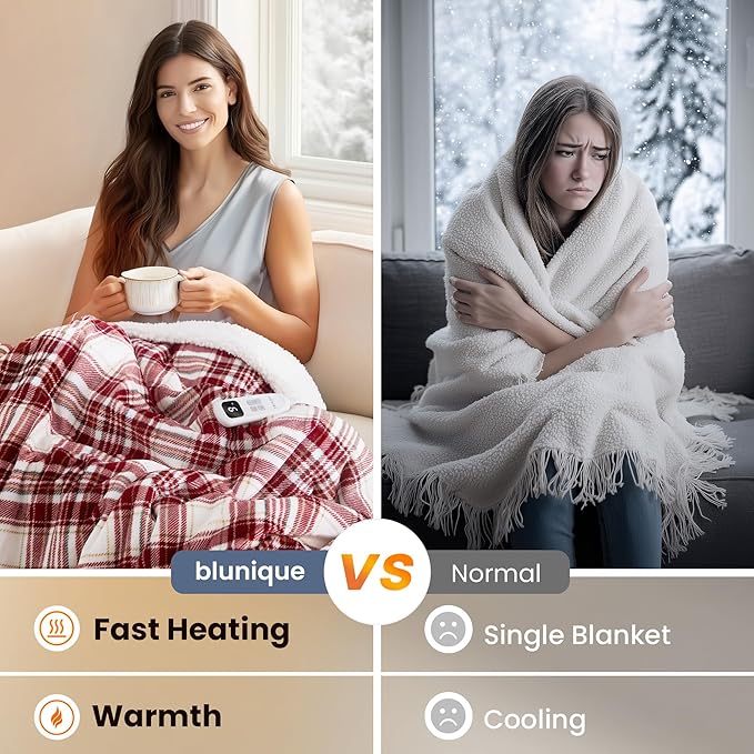 Heated Blanket Electric Throw-50''x60''Ultra Soft Cozy Plaid Flannel Fast Heating Electric Blanket with 10 Heat Levels & 10 Hours Auto Off, ETL Certified, Keep Warm in Couch Bed Office(Red)