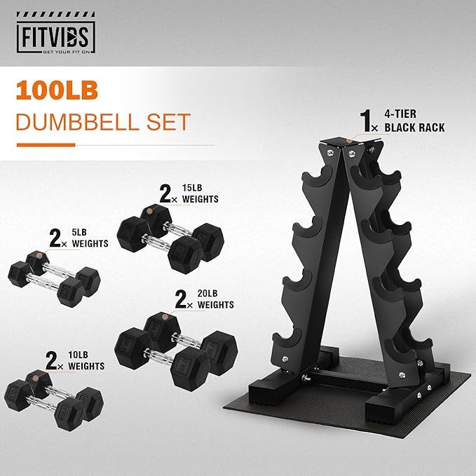 Rubber Coated Hex Dumbbell Weight Sets and Storage Rack, 100LBS Set or 150LBS Set, 5-20 lbs Pairs or 5-25 lbs Pairs