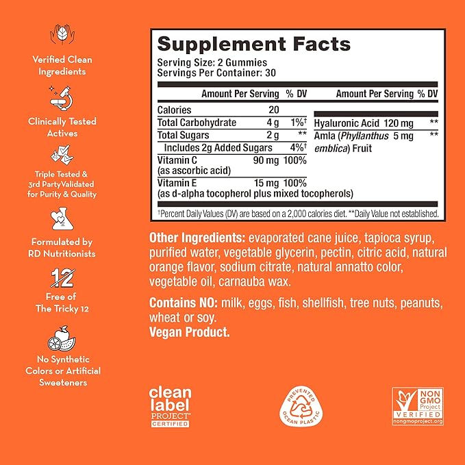 HUM Hyaluronic Glow Hydrating Skin Care Supplement, with Low Molecular Hyaluronic Acid, Vitamin C from Amla Fruit, and Vitamin E, Antioxidant Support for Skin Hydration, Tangerine, 60 Vegan Gummies