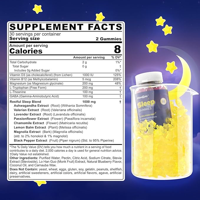 Sleep Gummies Melatonin Free with Magnesium Glycinate, L-Tryptophan, GABA, L-Theanine, Ashwagandha, Natural Sleep Aid Calm Relax Gummy No Melatonin for Adults Extra Strength Without Melatonin, 60Cts