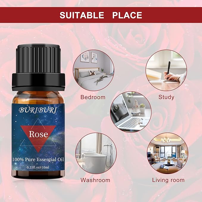 BURIBURI Rose Essential Oil for Diffuser, Massage, Soap, Candle, Perfume Making - 100% Pure, Undiluted, Natural, Organic Aromatherapy - 10ml - Romantic Rose Scented Oil for Women