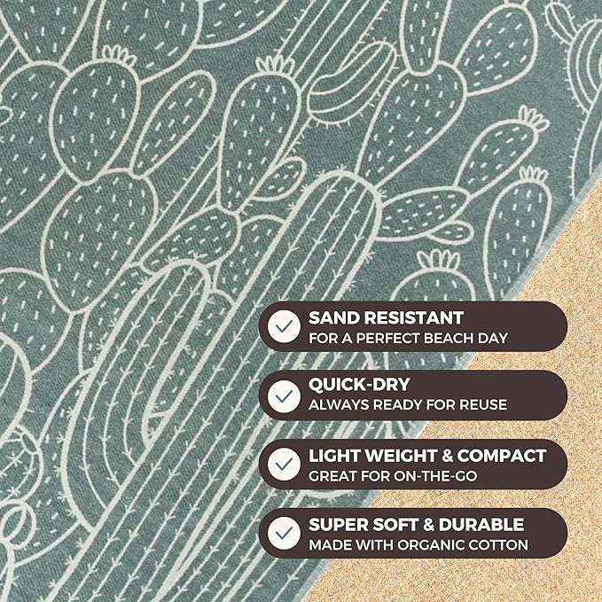FESHKA Sand Free Turkish Beach Towel (37 x 67) Quick Dry Bath Towel, Oversized Beach Blanket, Lightweight for Travel - Made with 100% Organic Turkish Cotton - Saguaro (Green)