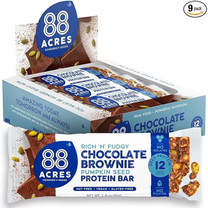 88 Acres Vegan Seed Protein Bar | 12g Plant Based Protein Per Bar, Gluten Free, Nut Free, Non GMO, School Safe, No Palm Oil | 9 Pack, 1.9 oz (Dark Chocolate Brownie)