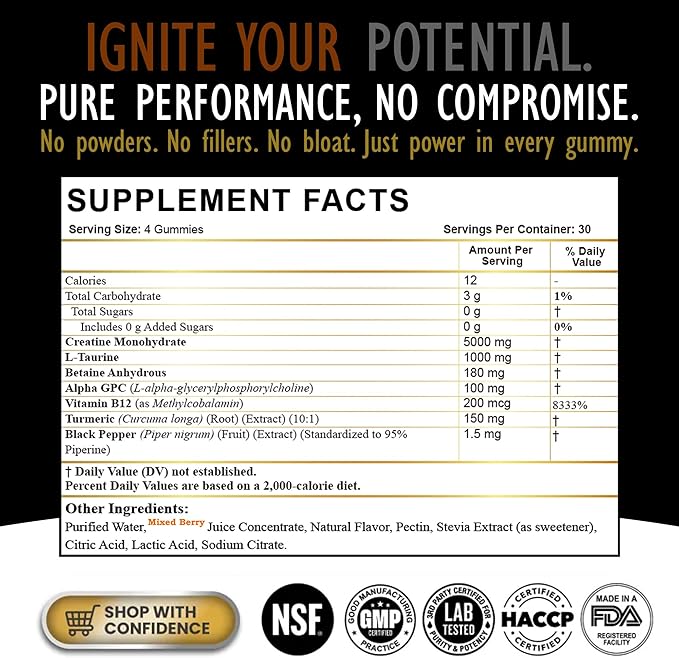 Creatine Monohydrate Gummies for Men & Women - Sugar Free & Vegan Advanced Formula W/L-Taurine + Vitamin B12 - for Muscle Strength, Muscles Builder, Recovery, Energy Boost, Pre-Workout Supplement