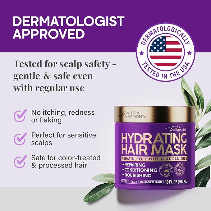 NUTRAHARMONY Hydrating Hair Mask for Dry, Frizzy & Damaged Hair โ Deep Conditioning Keratin Treatment with Argan & Coconut Oils, Collagen & Biotin โ Repairing, Anti-Frizz Hair Mask for Women, 10oz