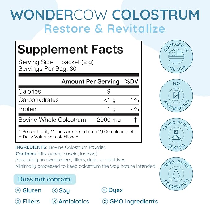 Colostrum Supplement Powder for Gut Health, Immune Support, Muscle Recovery & Wellness | Natural IgG Pure Whole Bovine Colostrum Superfood, Unflavored, 30 Servings