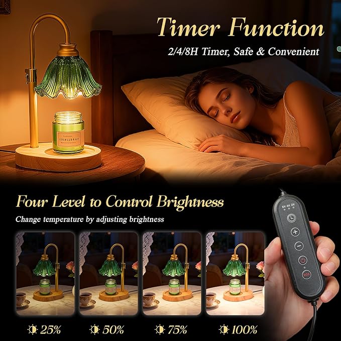 Candle Warmer Lamp with Adjustable Height - Flameless 4-Level Dimmable Wax Warmer with Colorful Glass Shade & Wooden Base, Timer Function & Stylish Design in Multiple Colors (Green)