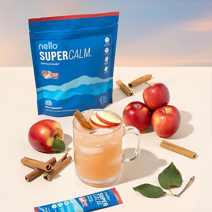 Nello Supercalm Drink Mix – Ashwagandha KSM-66, Magnesium Glycinate, L-Theanine & Vitamin D3 Supplement, Spiced Apple Flavor (20 Travel Packets)