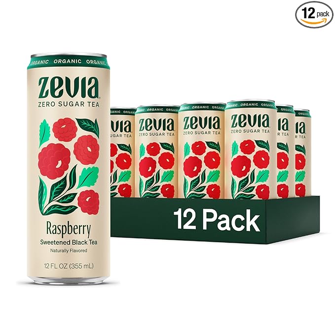 Zevia Zero Sugar Tea, Black Tea with Raspberry, 12 oz Cans (12-Pack) – Naturally Sweetened, Zero Calorie Sugar Free - Non-GMO Project Verified, Gluten-Free, Vegan