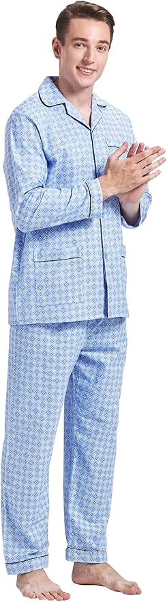 GLOBAL Men's Pajamas Sets 100% Cotton Flannel Sleepwear Long-Sleeve top & Bottom