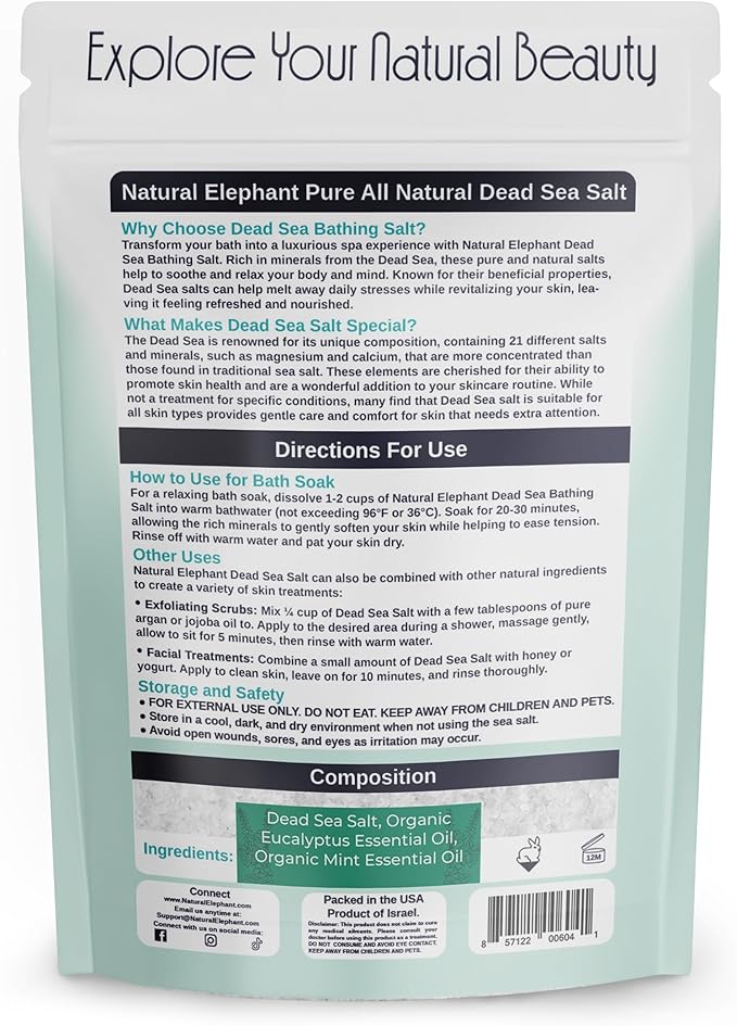Natural Elephant Dead Sea Eucalyptus Mint Bath Salt - Bathing and Foot Soak for Energizing and Refreshing 100% Pure with Organic Eucalyptus Mint Essential Oil Medium Coarse Grain (1 lb (16 oz) Bag)