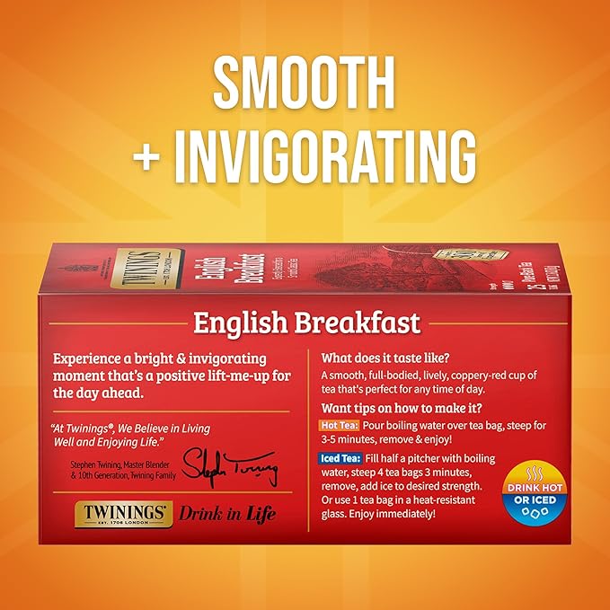 Twinings English Breakfast Black Tea Individually Wrapped Bags, 25 Count (Pack of 6), Flavourful, Robust Black Tea, Caffeinated, Enjoy Hot or Iced, 150 Teabags