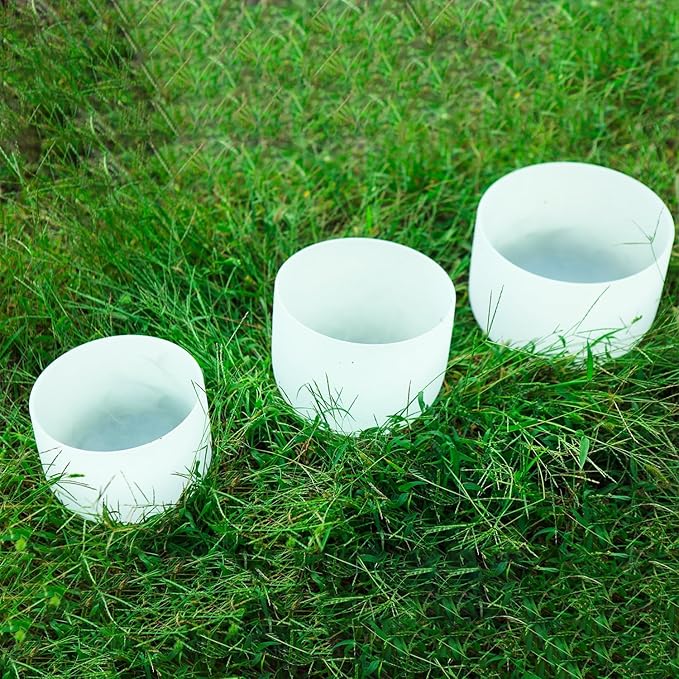 Hye-eun 3pcs 6"G 8"F 10"C Frosted Quartz Crystal Singing Bowl Set 432hz with Free Carry Bag Mallets & Rubber for Sound Healing Bath Keep Balance Therapy Meditation Yoga
