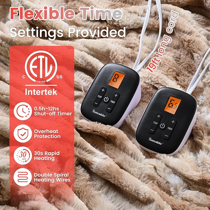 Sunable Heated Electric Blanket - Machine Washable Blanket with Time Settings 10 Heat Settings King Size 100×90 inches Beige - Faux Fur
