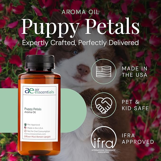 Air Esscentials Puppy Petals Aroma Oil - Pet-Preferred Pure Essential Oil for Scent Machines & Cold-Air Diffusers | Crisp Apple & Zesty Lime | Floral Light & Airy Musk | Safe for Pets | 300mL