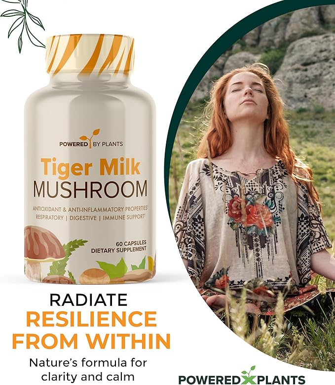 Tiger Milk Mushroom Supplement - 500mg Per Capsule with 50% Beta-Glucan - Supports Respiratory Function, Cognitive Clarity, Digestive Balance & Immune Wellness - 60 Count