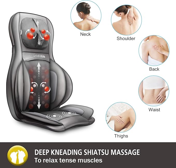 COMFIER Back Massager for Pain Relief Deep Tissue, Shiatsu Neck and Back Massager with Heat, Rolling & Compression Massage Chair Pad for Office Chair, Full Body Massage Chair Gift for Mom Dad