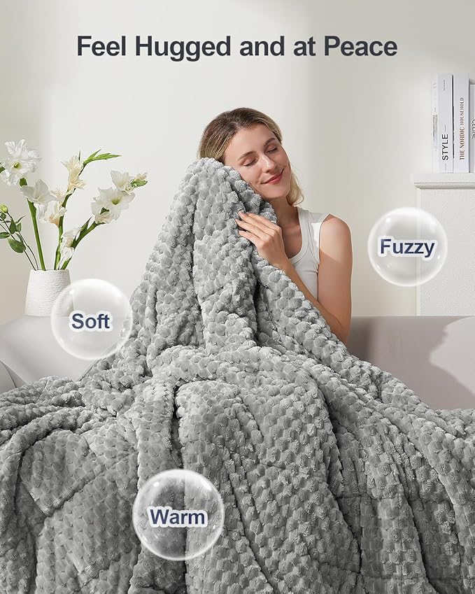 Super Soft Luxury Fleece Sherpa Weighted Blanket 15 lbs for Adults, Turtle Shell Fluffy Cozy Warm Queen Weighted Throw for Winter, Ceramic Beads Washable Heavy Blankets for Couch Bed, Grey, 48" x 72"