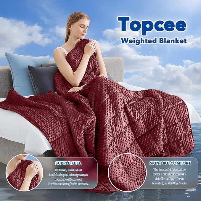 Topcee Weighted Blanket for Adults (20lbs 60"x80"), Minky Dots Heavy Blanket for Woman, Man Sleeping, Soft, Cozy and Cooling Weighted Throw Blankets, Machine Washable, Burgundy