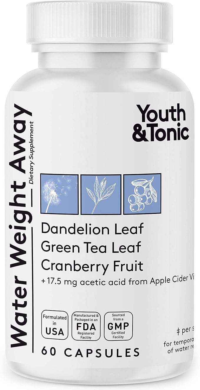 Youth & Tonic Natural Water Weight Away – Herbal Diuretic Pills for Bloating, Water Retention & Swelling Support for Women & Men – 60 Caps with Dandelion, Potassium, Green Tea & Apple Cider Vinegar