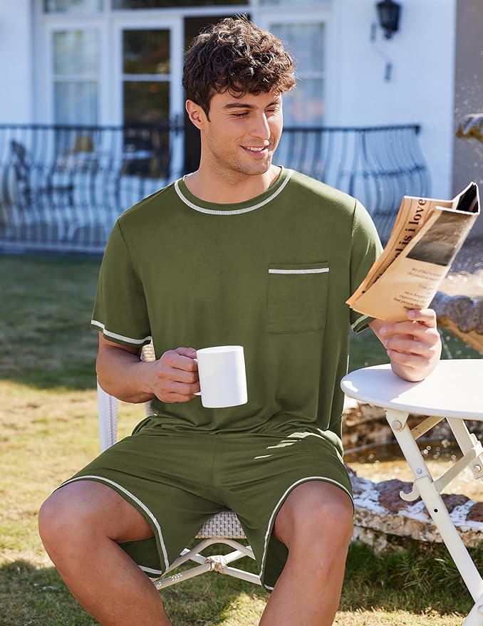 Ekouaer Men's Pajamas Set Casual Short Sleeve Shirts and Shorts Soft 2 Piece Loungewear With Pockets