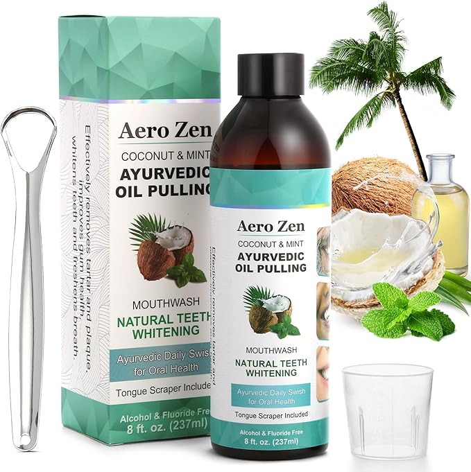 Coconut Oil Pulling Mouthwash with Peppermint - Alcohol-Free Oral Care - Fresh Breath Solution - Organic Essential Oils Formula with Tongue Scraper - Gum Health Treatment - 237ML