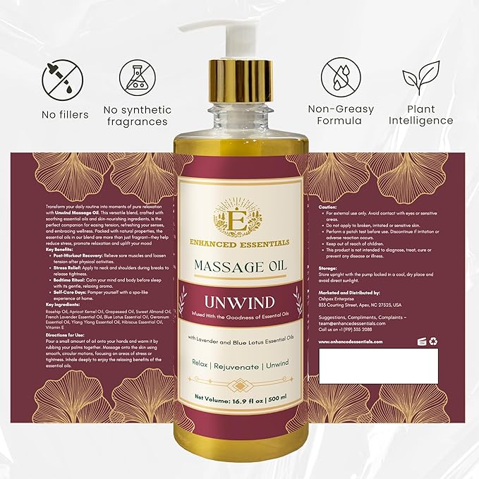 Luxurious Massage Oil with Rosehip,Apricot & Vitamin E by Enhanced Essentials|Scented with Pure Essential Oils only|Silky, Fast-Absorbing,Relaxing Formula|Non-Greasy & Nourishing|500ml (16.9 fl oz)